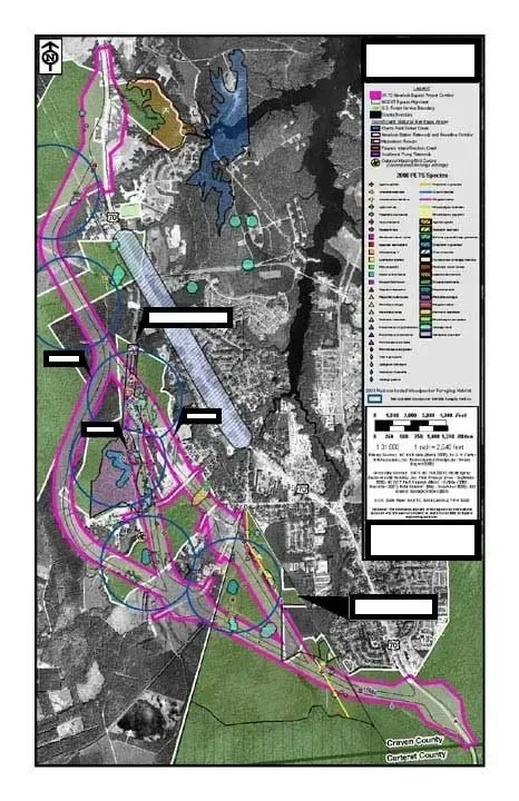 Corridor map of the Croatan National Forest showing species habitat zones along a proposed roadway