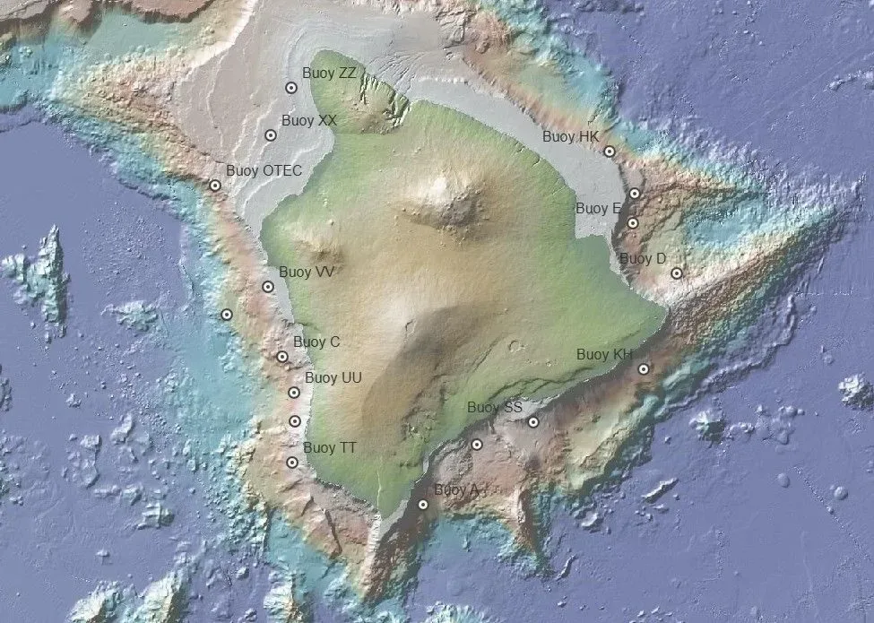 Leaflet web map of Hawaiʻi Island showing fish aggregating device buoys over seafloor topography