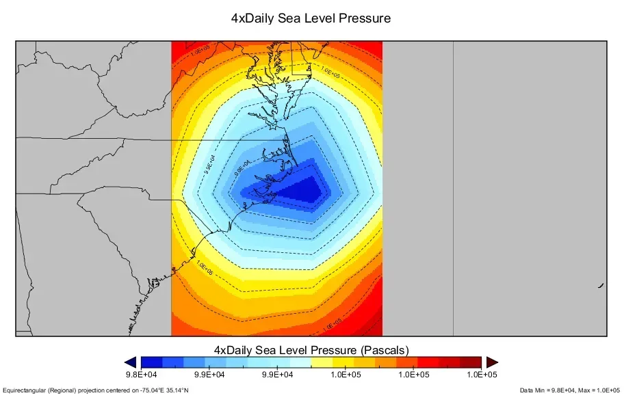 Map of NOAA reanalysis sea level pressure over the Mid-Atlantic during Hurricane Irene
