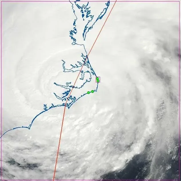 Satellite image of Hurricane Irene over the North Carolina coast with the storm track overlaid