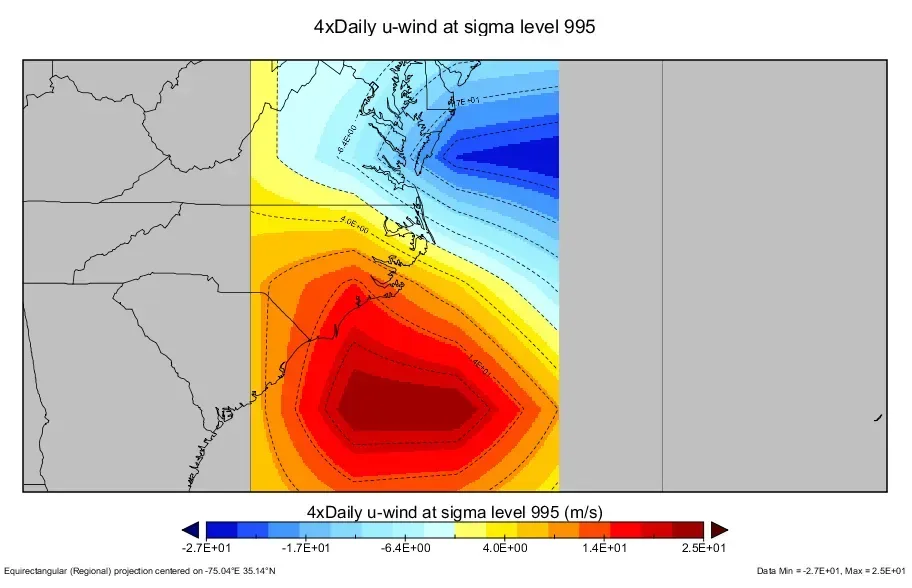 Map of NOAA reanalysis u-wind at sigma level 995 during Hurricane Irene